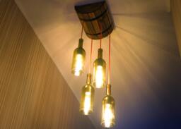 Ceiling Lamp in A Wine Barrel With Shades Of Bottles, Pendant Wooden Light, Lamp, Trimmed Bottle, Edison Bulbs, Rustic Light - thumbnail 1