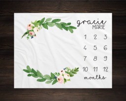 Personalized Milestone Blanket Month Growth Tracker Minky Fleece Custom Girl Baby Shower Gift Watercolor Floral Newborn - thumbnail 1