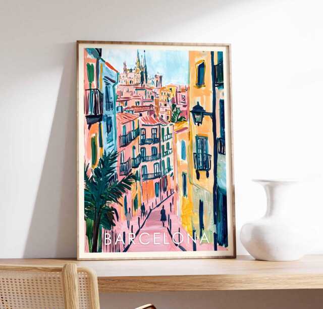 Barcelona Street Scene Art Print Spain Travel Poster - image 1