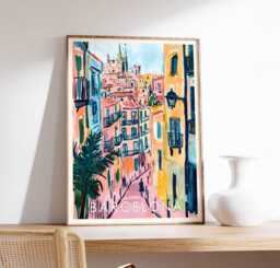 Barcelona Street Scene Art Print Spain Travel Poster - thumbnail 1