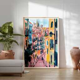 Barcelona Street Scene Art Print Spain Travel Poster - thumbnail 2