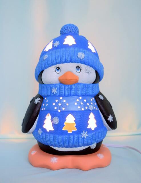 Ceramic Penguin - Lighted Night Light in Blue Sweater Gift For Mom Winter Decor Centerpiece Cute - image 1