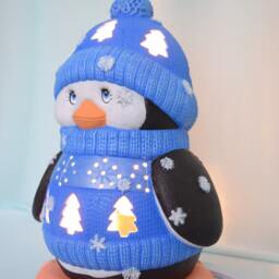 Ceramic Penguin - Lighted Night Light in Blue Sweater Gift For Mom Winter Decor Centerpiece Cute - thumbnail 2