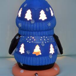 Ceramic Penguin - Lighted Night Light in Blue Sweater Gift For Mom Winter Decor Centerpiece Cute - thumbnail 3