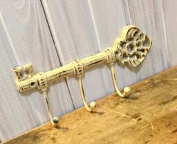 Key Holder in Distressed Soft Yellow ~ Metal Hook Wrought Iron Cast Peg Wall Hanger Shabby Chic