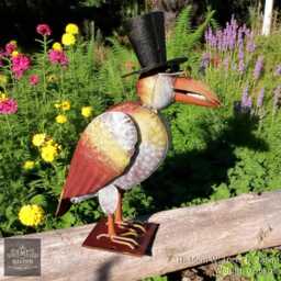Large Rustic Metal Quirky Garden Top Hat Bird Ornament Sculpture Statue - thumbnail 2