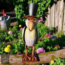 Large Rustic Metal Quirky Garden Top Hat Bird Ornament Sculpture Statue - thumbnail 3