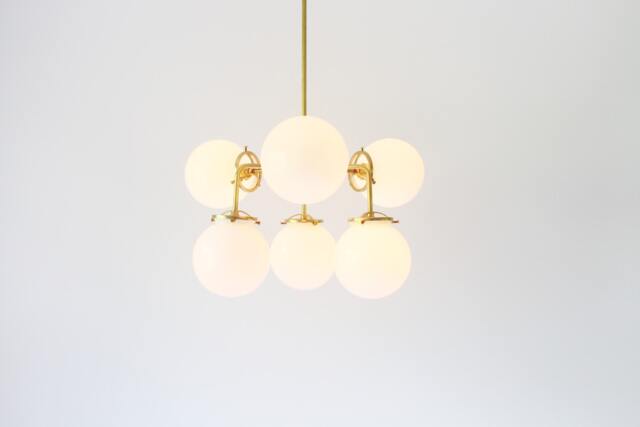 Modern Brass Chandelier Lighting Fixture, 6 White Glass Globes, Bootsngus & Home Decor - image 1