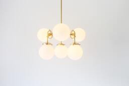 Modern Brass Chandelier Lighting Fixture, 6 White Glass Globes, Bootsngus & Home Decor - thumbnail 1