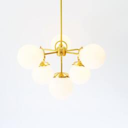Modern Brass Chandelier Lighting Fixture, 6 White Glass Globes, Bootsngus & Home Decor - thumbnail 2