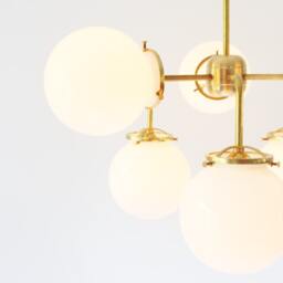 Modern Brass Chandelier Lighting Fixture, 6 White Glass Globes, Bootsngus & Home Decor - thumbnail 3