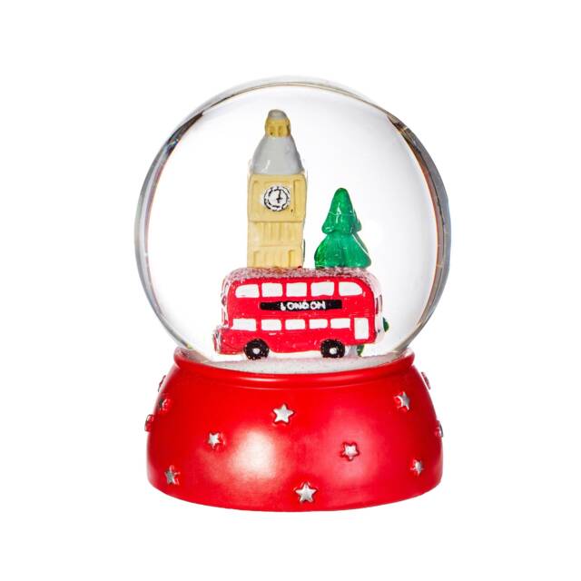 London Glass Snow Globe Ornament - Winter Wonderland Festive Fun Big Ben Red Bus Queen England Magical Snowing Christmas Xmas Kids Gift