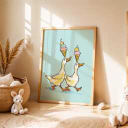 Duck Nursery Wall Art, Whimsical Animal Print, Ice Cream Poster, Playful Kids Room Illustration, Baby Bedroom & Playroom Decor - thumbnail 2