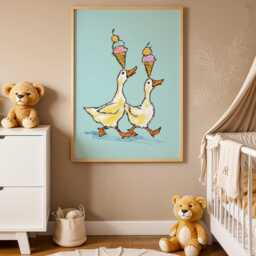 Duck Nursery Wall Art, Whimsical Animal Print, Ice Cream Poster, Playful Kids Room Illustration, Baby Bedroom & Playroom Decor - thumbnail 3