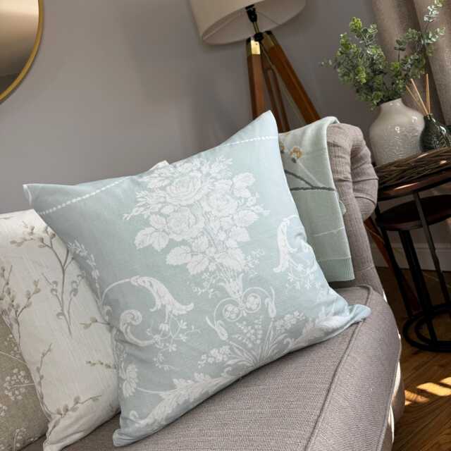 Elegant Laura Ashley Josette Cushion Cover Duck Egg White Floral Pillow For Sofa & Chair Decor Handmade - image 1