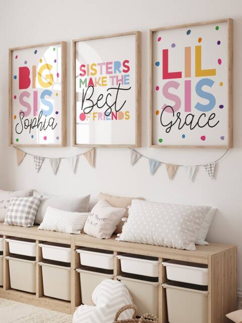 Set Of 3 Playroom Prints, Sister Bedroom Big Sis Lil Sis, Sibling Rainbow Wall Art, Girls Decor - image 1