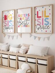 Set Of 3 Playroom Prints, Sister Bedroom Big Sis Lil Sis, Sibling Rainbow Wall Art, Girls Decor - thumbnail 1
