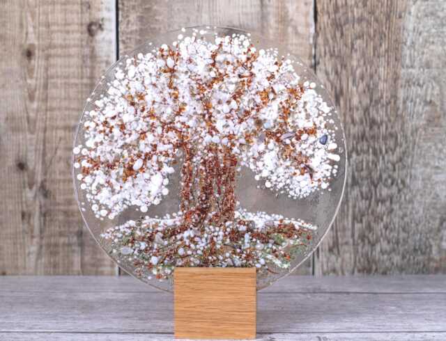 Winter Snow Tree Fused Glass Plate Sun Catcher, Art With Oak Wood Base, Lover Gift - image 1