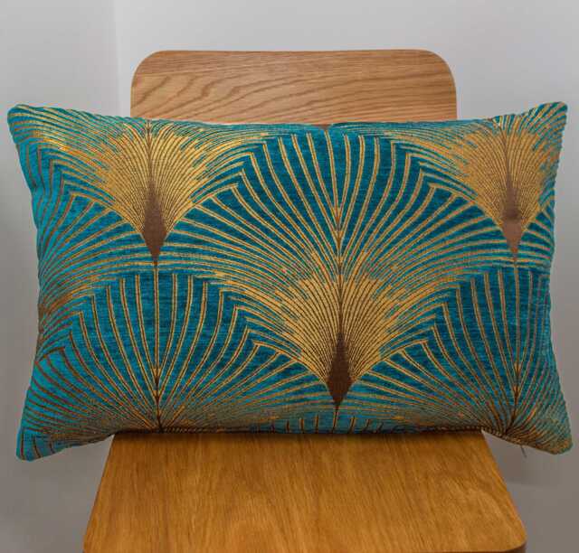 Art Deco Fan Xl Rectangular Cushion Cover. Teal Blue & Gold. Luxury Velvet Chenille. Double Sided Geometric Feather Style. 23X15 - image 1