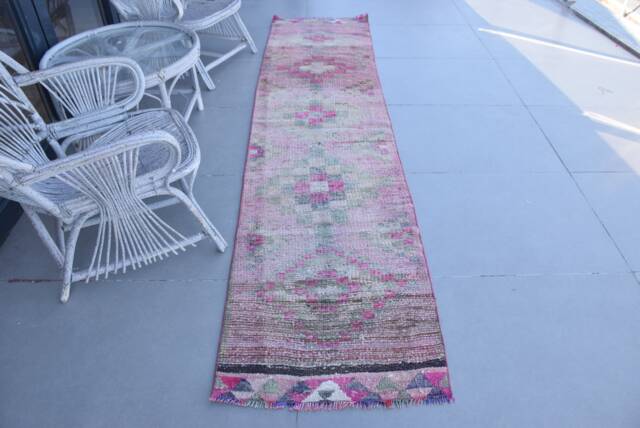 Pink Oushak Rug, , Vintage Herki Rugs For Bedroom, Turkish Anatolian 2.3x9.7 Ft Accent Ethnic Entry - image 1