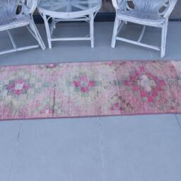 Pink Oushak Rug, , Vintage Herki Rugs For Bedroom, Turkish Anatolian 2.3x9.7 Ft Accent Ethnic Entry - thumbnail 3