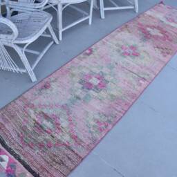 Pink Oushak Rug, , Vintage Herki Rugs For Bedroom, Turkish Anatolian 2.3x9.7 Ft Accent Ethnic Entry - thumbnail 2