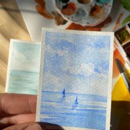 Miniature Ocean Watercolor Painting Coastal New England Art - thumbnail 2