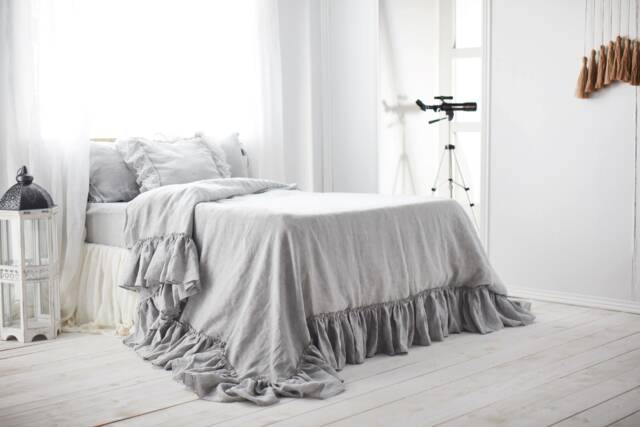 Ruffled Linen Duvet Cover in Light Gray Color, Softened & Washed Linen Bedding. Custom Sizes - image 1