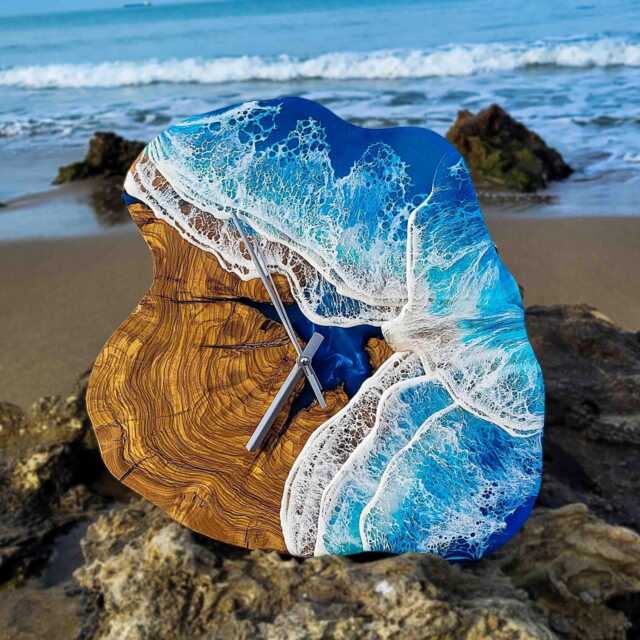 Custom Olive Wood Resin Ocean Wall Clock, Epoxy Beach Decor, Coastal Housewarming Gift - image 1