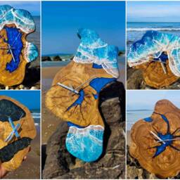 Custom Olive Wood Resin Ocean Wall Clock, Epoxy Beach Decor, Coastal Housewarming Gift - thumbnail 4