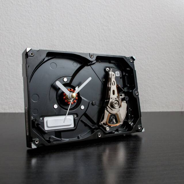 Handmade Desk Clock Made Out Of A Recycled Hard Drive, Unique Gift For Geek Husband Or Boyfriend, Office Work Room Decor Statement - image 1
