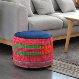 Hmong Hill Tribe Fabric Ottoman Pouf Embroidered Rustic Pillow, 18x14 - thumbnail 3