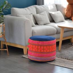 Hmong Hill Tribe Fabric Ottoman Pouf Embroidered Rustic Pillow, 18x14