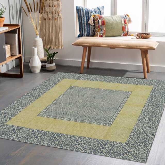 Blue & Yellow Bordered Area Rug - Traditional Medallion Pattern - image 1