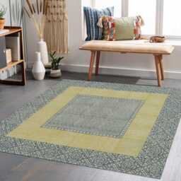 Blue & Yellow Bordered Area Rug - Traditional Medallion Pattern - thumbnail 1