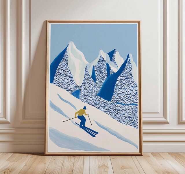 Skiing Wall Art Print, Alpine Mountain Poster, Winter Sports Decor, Blue Snow Landscape Ski Decor - image 1