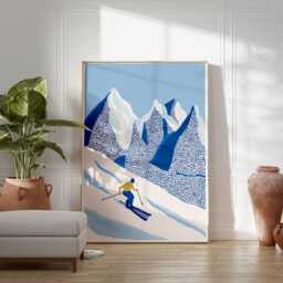 Skiing Wall Art Print, Alpine Mountain Poster, Winter Sports Decor, Blue Snow Landscape Ski Decor - thumbnail 2
