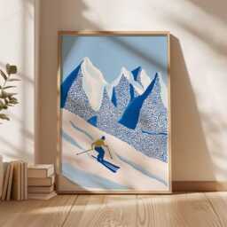 Skiing Wall Art Print, Alpine Mountain Poster, Winter Sports Decor, Blue Snow Landscape Ski Decor - thumbnail 3