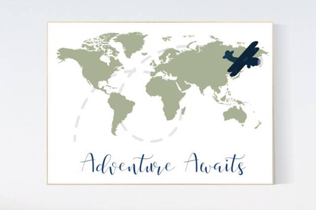 Sage Green World Map Nursery Art Print Adventure Awaits - image 1