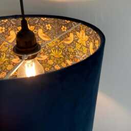 Navy Velvet Drum Lampshade/ Ceiling Shade William Morris Strawberry Thief Blue Interior - thumbnail 3