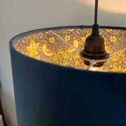 Navy Velvet Drum Lampshade/ Ceiling Shade William Morris Strawberry Thief Blue Interior - thumbnail 2
