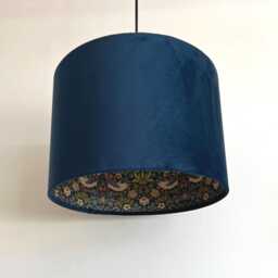 Navy Velvet Drum Lampshade/ Ceiling Shade William Morris Strawberry Thief Blue Interior - thumbnail 3