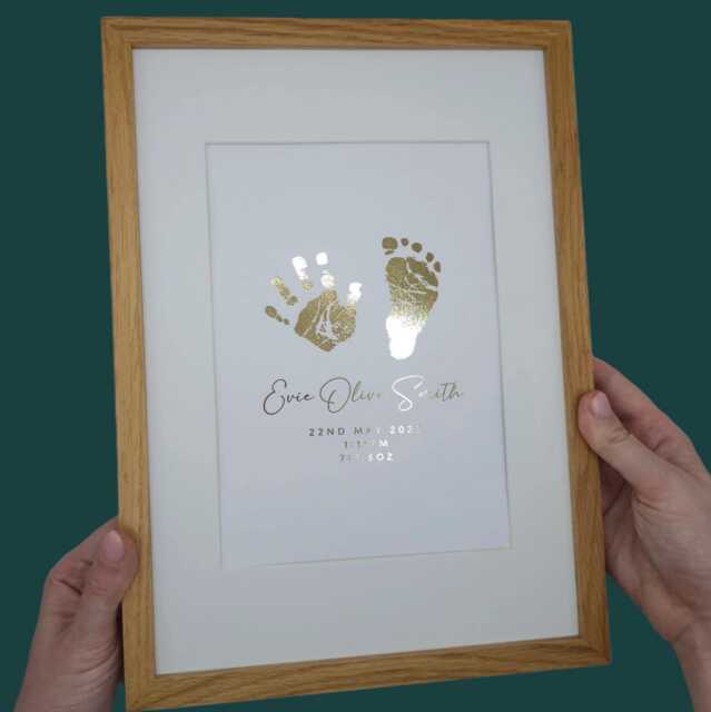 Personalised Baby Hand & Footprint Print Foil Nursery Keepsake, Inkless Kit Included - image 1