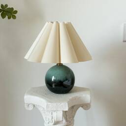 Handmade Green Glaze Ceramic Pleated Table Lamp, Durable Base 110-240V Fabric Petal Shade For Bedroom Living Room Kitchen Rustic Cozy Decor - thumbnail 1