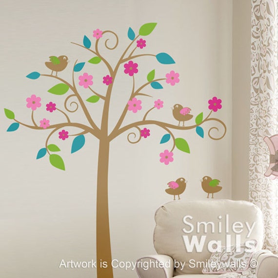 Whimsical Flower Tree With Love Birds Kids Wall Decal, Nursery Vinyl Decal Art Decor, Sticker - image 1