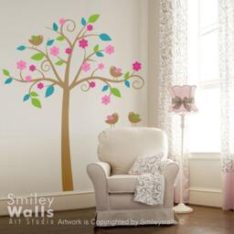Whimsical Flower Tree With Love Birds Kids Wall Decal, Nursery Vinyl Decal Art Decor, Sticker - thumbnail 2