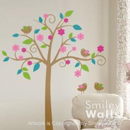 Whimsical Flower Tree With Love Birds Kids Wall Decal, Nursery Vinyl Decal Art Decor, Sticker - thumbnail 1