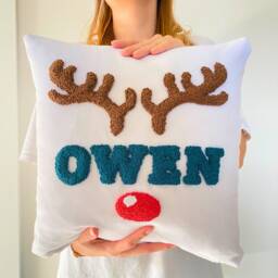 Embroidered Reindeer Antler Name Pillow - Personalized Christmas Decor