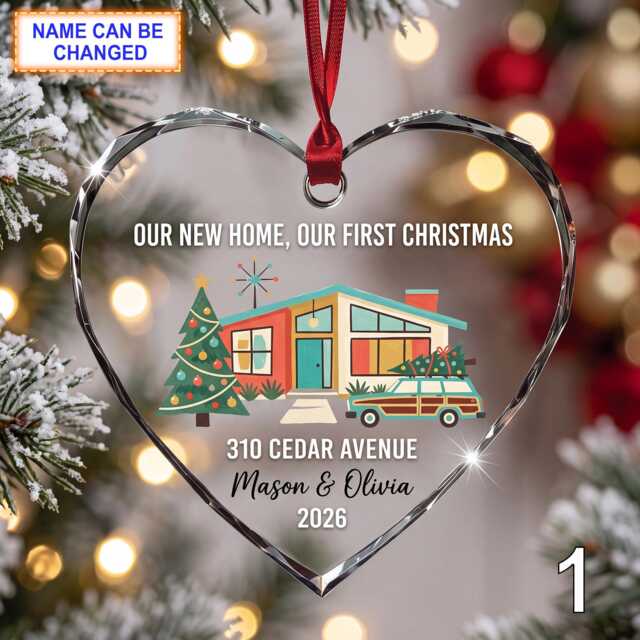 Our New Home First Christmas Glass Ornament, Personalized House Keepsake, Custom Family Address Gift With Tree & Red Truck - image 1