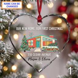 Our New Home First Christmas Glass Ornament, Personalized House Keepsake, Custom Family Address Gift With Tree & Red Truck - thumbnail 1